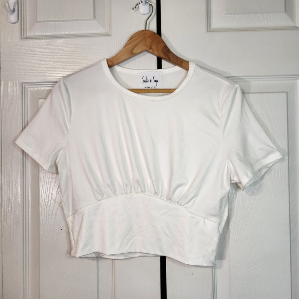 Sadie & Sage White Cropped Cinched Empire Waist Tee Shirt Womens XL Made in USA